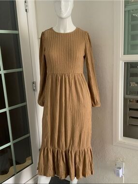 Long Sleeve Tan Textured Midi Dress